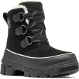 Sorel Torino V Waterproof damestøvle i sort ruskind med lys pelskrave og snørebånd, set skråt forfra