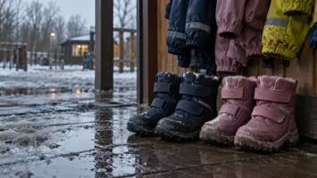 To par små børnevinterstøvler med velcro og refleks, et marineblåt og et lyserødt, på en våd børnehavetrappe under flyverdragter på knager