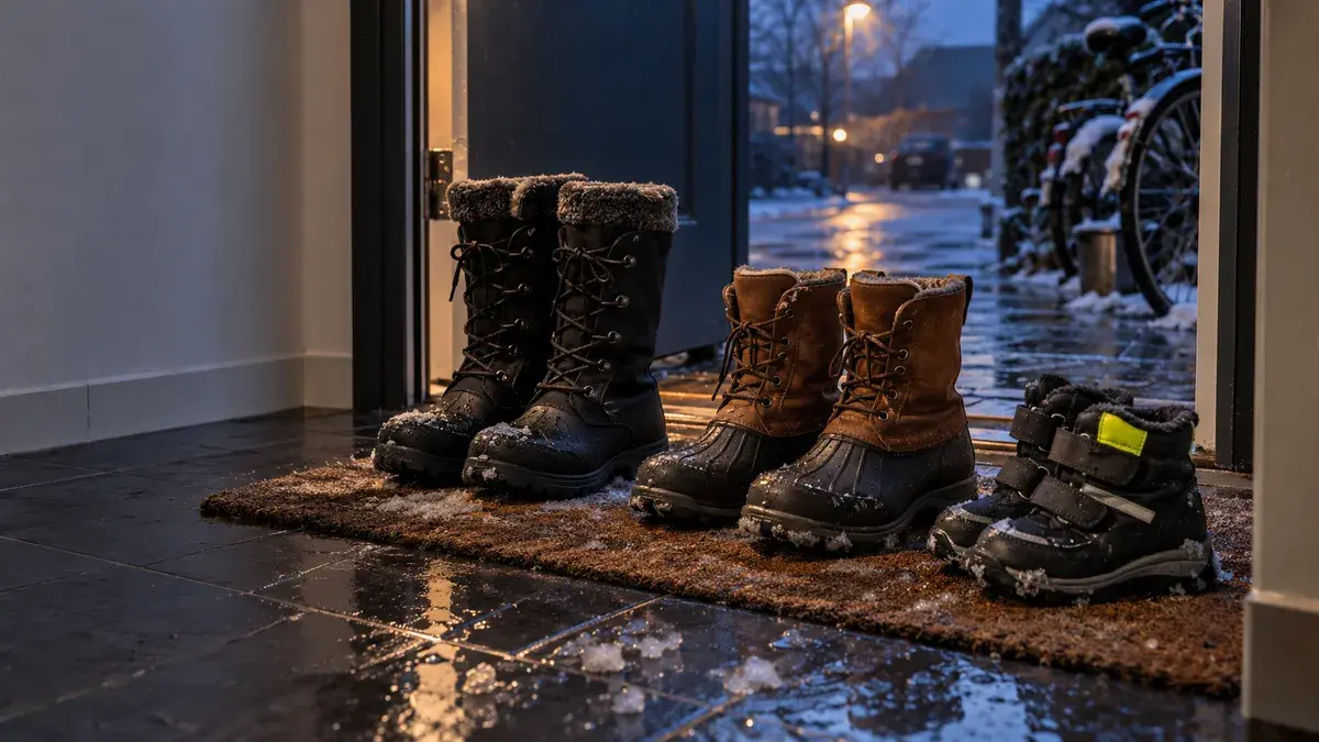 Tre par vinterstøvler på en våd dørmåtte i en dansk entré ved skumring: en høj sort snørestøvle, en brun snestøvle med gummifod og en lille børnestøvle med refleks