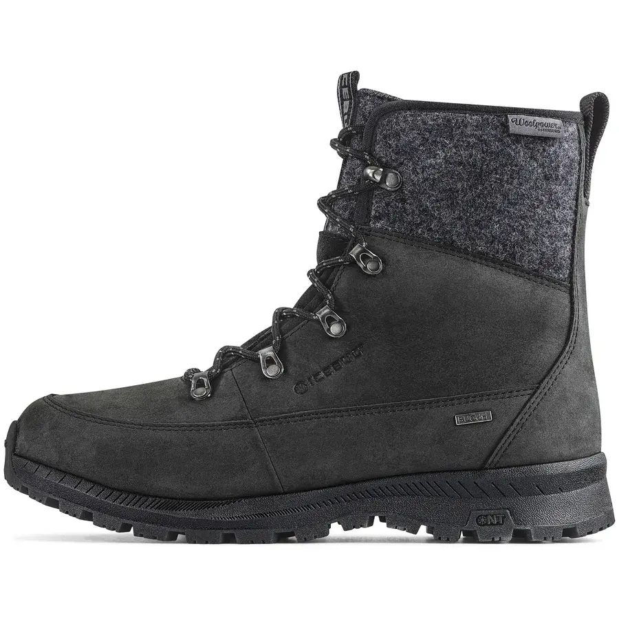 Icebug Adak ReWool NT i sort nubuck med grå uld på skaftet, set fra siden