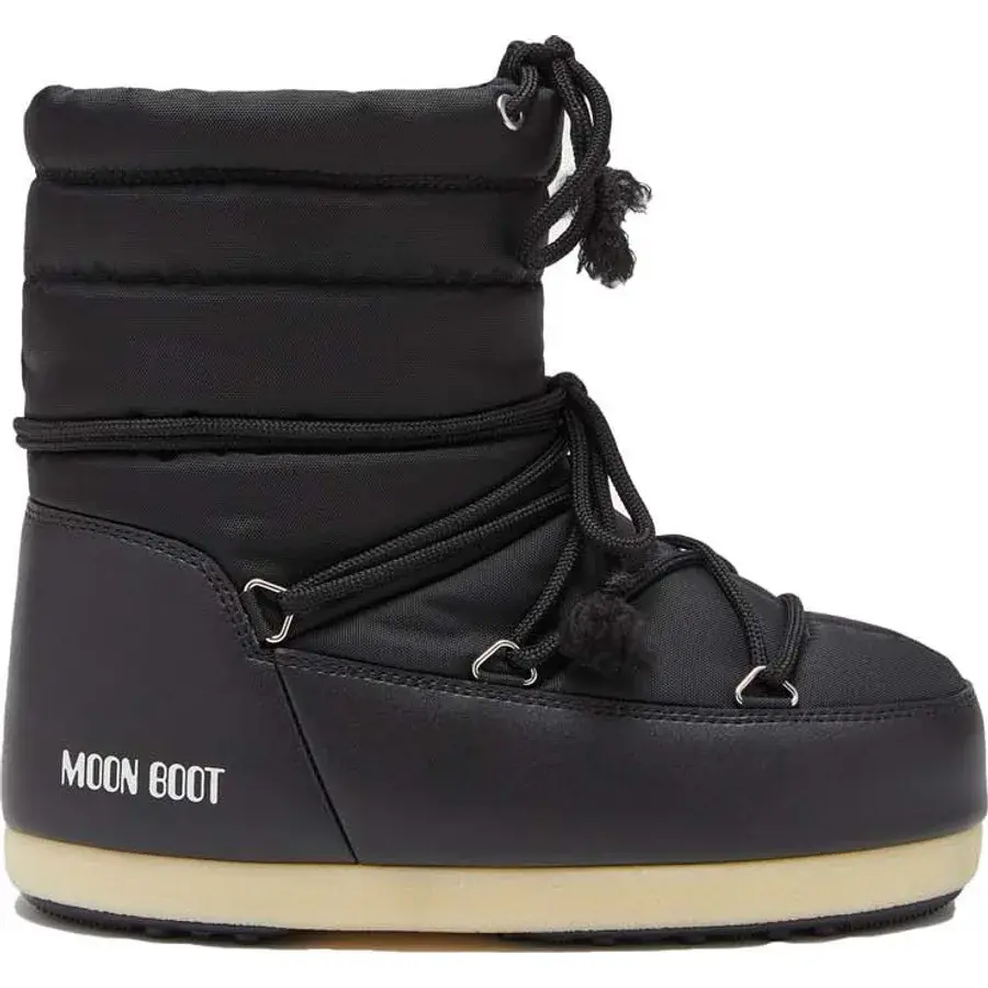 Moon Boot EVX Light Nylon i sort quiltet nylon med lys sål, set fra siden