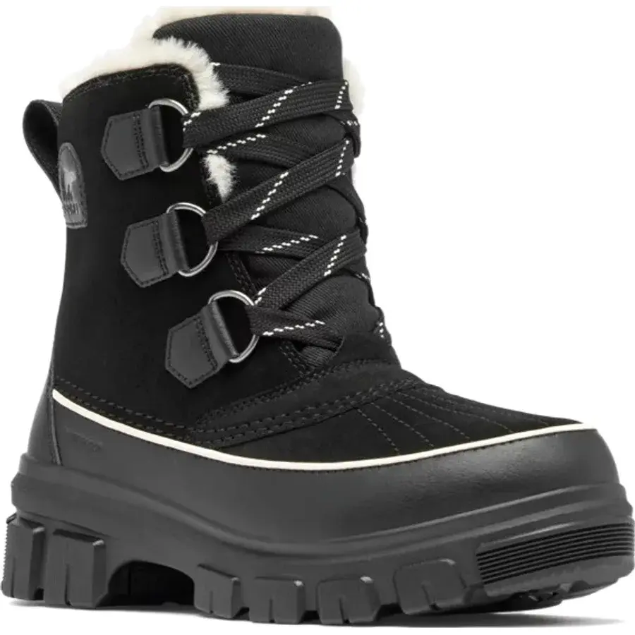 Sorel Torino V Waterproof damestøvle i sort ruskind med lys pelskrave og snørebånd, set skråt forfra